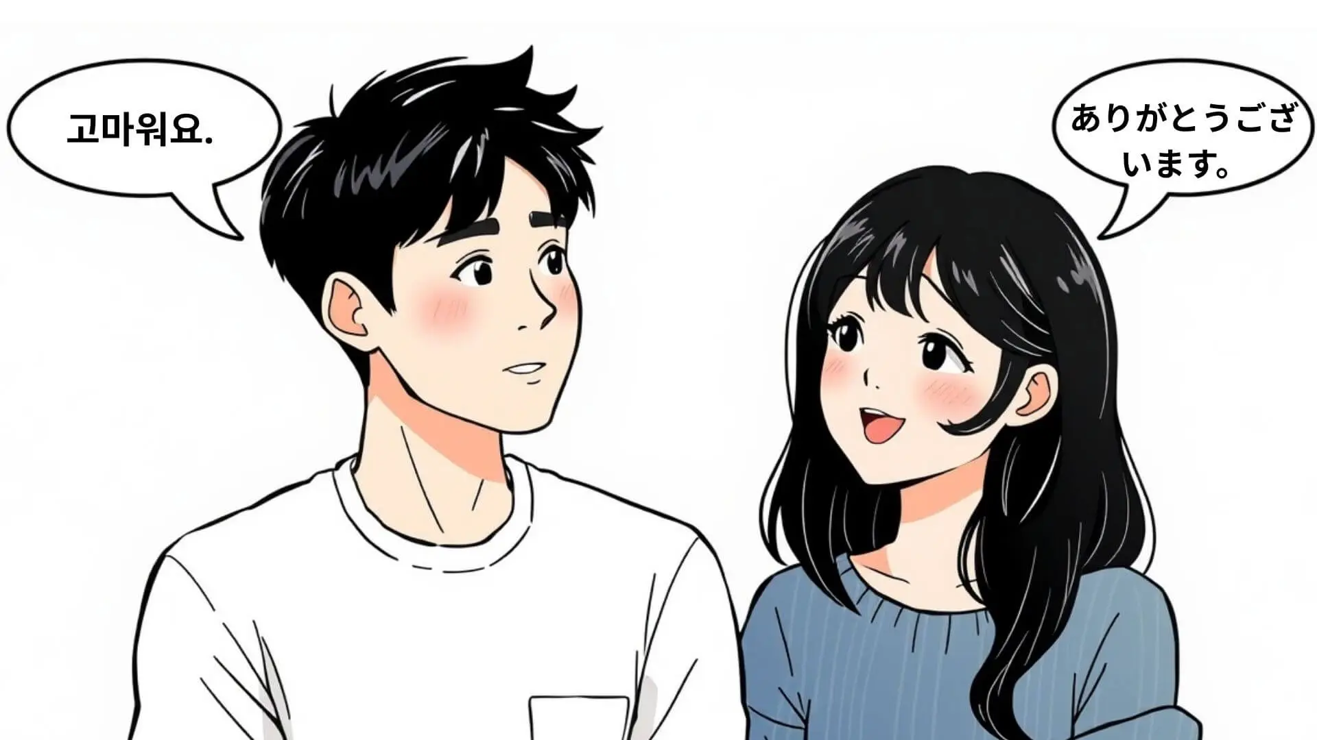 A young Korean man and a young Japanese woman are talking to each other.