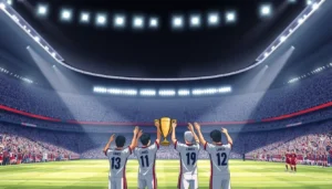 Soccer players holding the trophy and celebrating their victory in front of a large crowd.