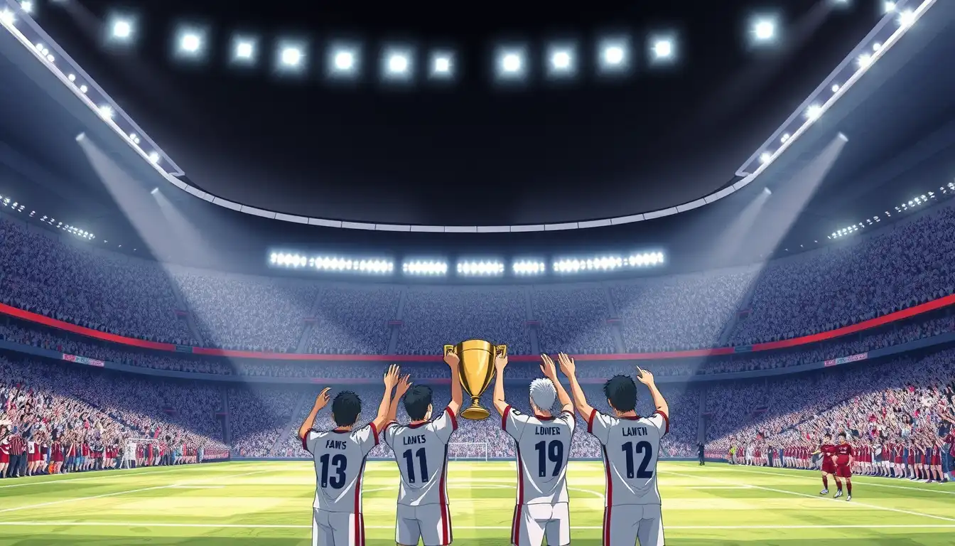 Soccer players holding the trophy and celebrating their victory in front of a large crowd.