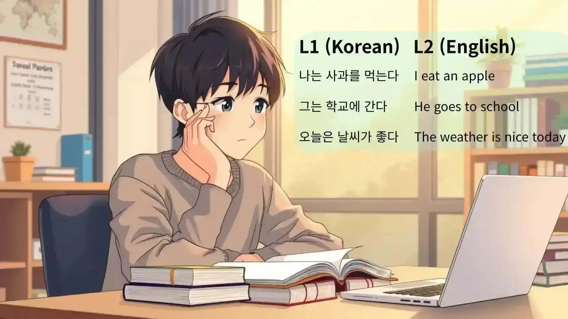 A young Korean man sitting at a desk, thinking about translating a Korean sentence into English.