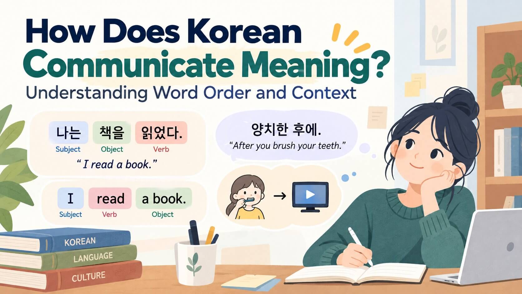 Illustration explaining how Korean communicates meaning through word order and context, comparing Korean and English sentence structures.