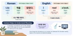 Infographic comparing Korean SOV and English SVO word order and illustrating how context helps convey implied meaning in Korean conversations.